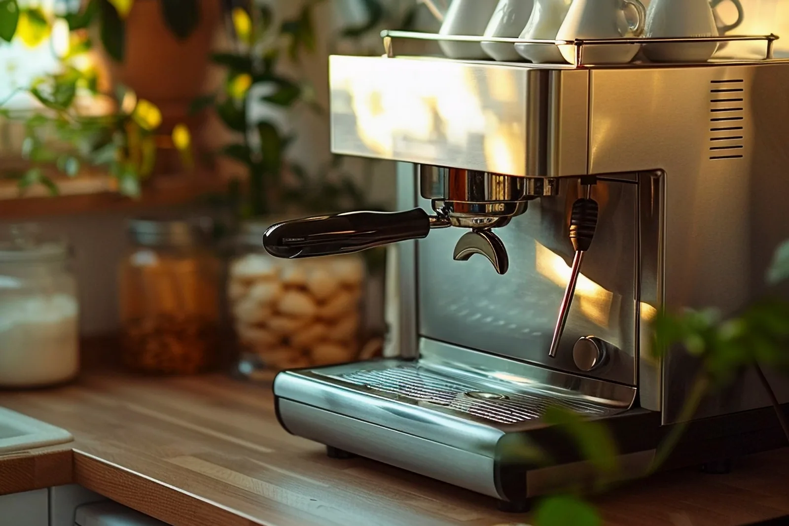 An espresso machine on a sunlit kitchen counter