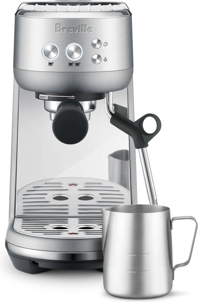 Breville Bambino espresso machine in brushed stainless steel with milk jug