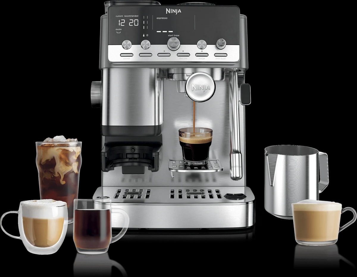 Ninja Luxe Café Mini Plus espresso machine with coffee drinks